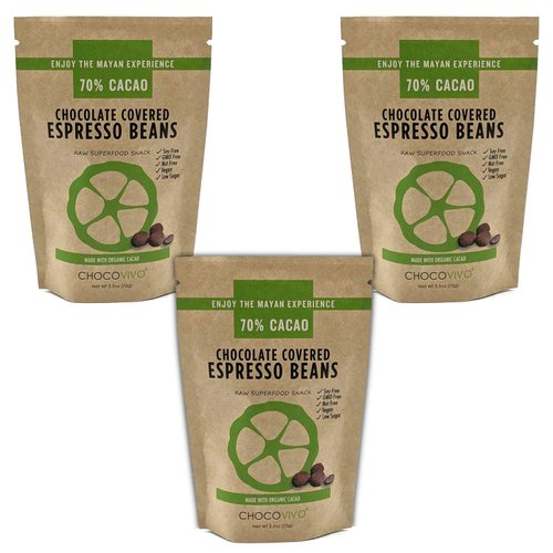 ChocoVivo Dark Chocolate Covered Coffee Beans 70% Cacao, Superfood Snack - Paleo + Keto Friendly, 2.5 Ounces Each - 3pack