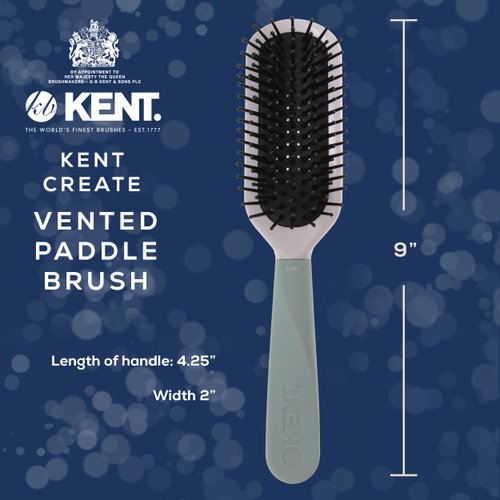 Kent KCR2 "Create" Vented Cushion Paddle Hair Brush for Blowdrying, Root Lift, and Volume in All Hair Types - Vent Brush with Green Ergonomic Handle and Soft Ball Tipped Bristles for Pain Free Use