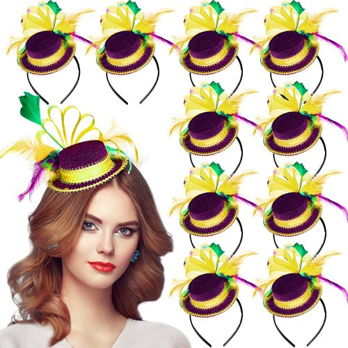 Yuxung 12 Pcs Mardi Gras Top Hat Headband with Feather Sequins Mini Top Hat Headwear Dress up Hair Mardi Gras Accessories for Carnival Masquerade