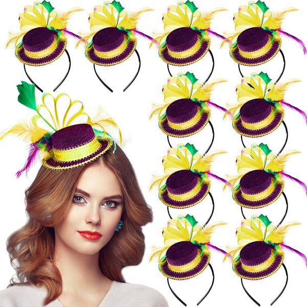 Yuxung 12 Pcs Mardi Gras Top Hat Headband with Feather Sequins Mini Top Hat Headwear Dress up Hair Mardi Gras Accessories for Carnival Masquerade