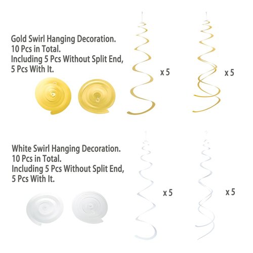 Gold and White Foil Swirl Hanging Decoration Streamer for Birthday Graduation New Year Wedding Party Supplies, Pack of 20