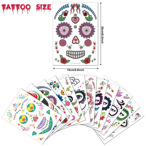Halloween Temporary Face Tattoos (12Pack), Konsait Day of the Dead Sugar Skull Floral Black Skeleton Web Red Roses Full Face Mask Tattoo for Women Men Adult Kids Boys Halloween Party Favor Supplies