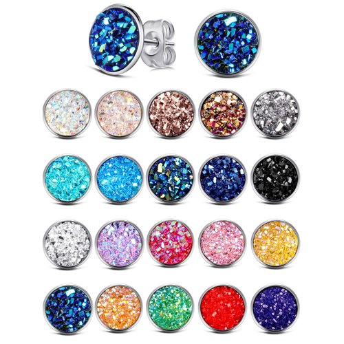 Yaomiao 20 Pairs Round Stud Earrings Stainless Steel Druzy Studs Earrings Set Anti Sensitive Fits Women Girl Mothers Day Gift