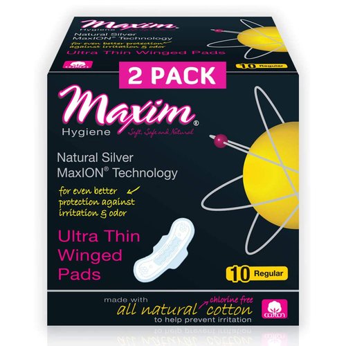 MaxION Ultra Thin Winged Pads, with Organic Cotton Cover Sheet and Leak Control Channels, Unscented, Regular/Daytime Absorbency, Feminine Care Sanitary Napkins, 20ct, 2 Packs