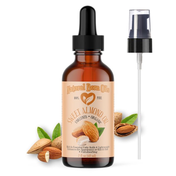 Natural Born Oils Sweet Almond Oil, 2oz, Organic, Cold-Pressed, High in Omega-9, Perfect for Skin Hydration, Enhancing Hair Shine