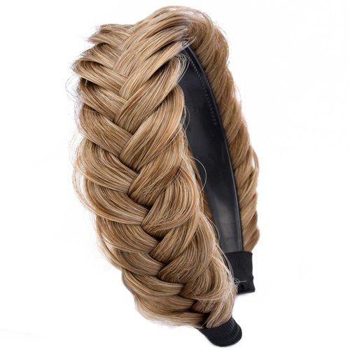 Gledola Wide Messy Braided Headband with Teeth Synthetic Hair Plaited Headband High Elasticity Braids Chunky Fishtail Braided Hair Band Hairpiece for Girls Women (Dirty Blonde)