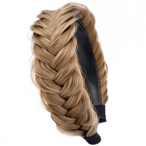 Gledola Wide Messy Braided Headband with Teeth Synthetic Hair Plaited Headband High Elasticity Braids Chunky Fishtail Braided Hair Band Hairpiece for Girls Women (Dirty Blonde)