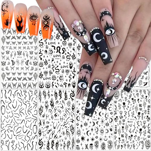 KZBTRBT 8 Sheets Goth Nail Art Stickers Decals Paper 3D Black Skull Horror Butterfly Flame Moon Stars Rose for Women Manicure Decoration