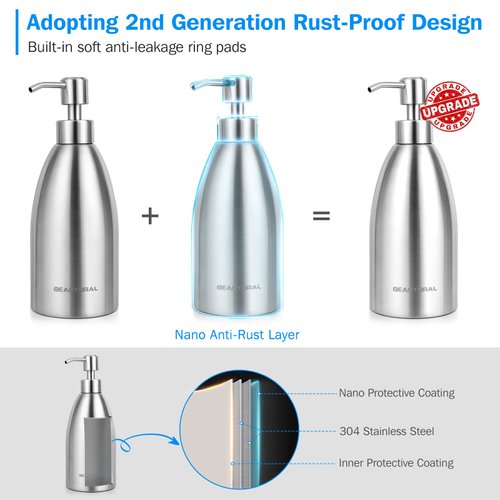 BEAUTURAL Stainless Steel Countertop Soap Dispenser 15.2 Oz, Rust-Proof Liquid Soap Pump Bottle for Kitchen, Bathroom and Countertop Hand Dish Lotion[Upgraded Version]