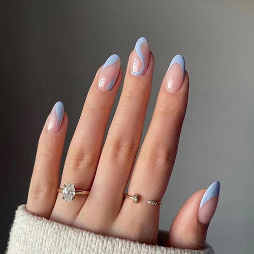 Blue Press on Nails Almond Fake Nails Medium False Nails with Swirl Designs Full Cover Stick on Nails Glossy Glue on Nails French Tip Press on Nails Blue Nail Tip French Acrylic Nails for Women Girls