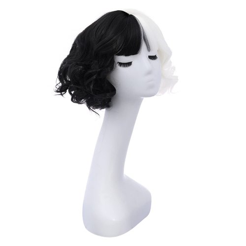 MAGQOO Half Black White Wig with Bangs Women Girls Short Curly Wavy Wig Black and White Hair Wigs Halloween Cosplay Costume Party Wig