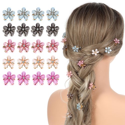 Mabor 20Pcs Mini Hair Claw Clips Small Flower Hair Clips with Rhinestone Fancy Floral Hair Clips for Flower Girls Women Bling Colorful Hair Claws Cute Hair Barrettes