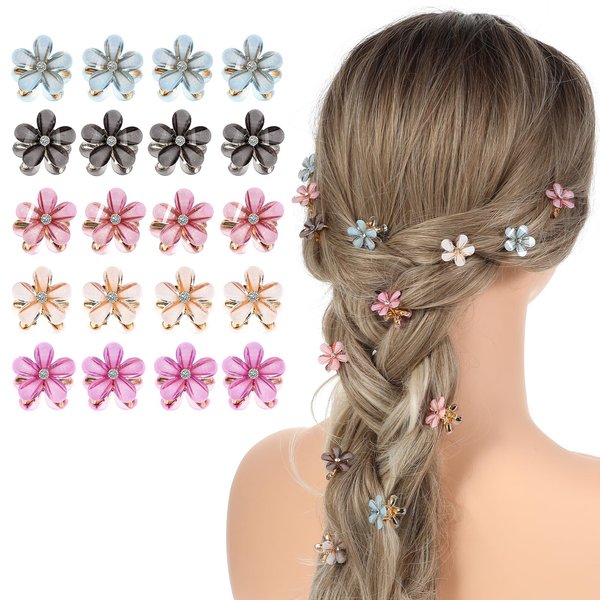 Mabor 20Pcs Mini Hair Claw Clips Small Flower Hair Clips with Rhinestone Fancy Floral Hair Clips for Flower Girls Women Bling Colorful Hair Claws Cute Hair Barrettes