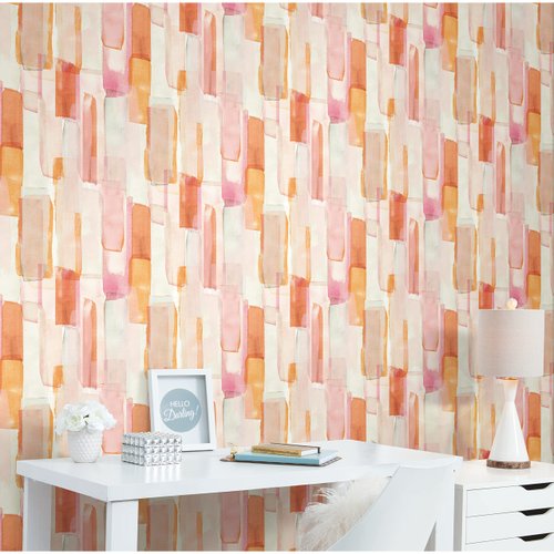 Mr. Kate RMK12315RL Watercolor Glass Peel and Stick Wallpaper, Pink, Orange, 28 Sq Ft