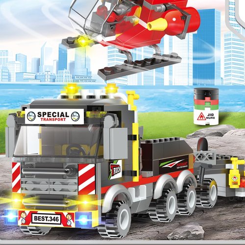 GOTIMON City Fire Trailer Building Blocks Toys, 412 Pieces, Fire Trailer, Helicopter, Gifts for Kids and Adults