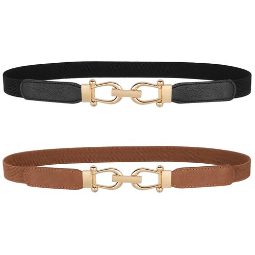 JASGOOD Women Skinny Elastic Belt for Dresses,Thin Retro Stretch Waist Belt with Golden Buckle 2 Pack,Black+Brown,Fit waist size 27-31 inch