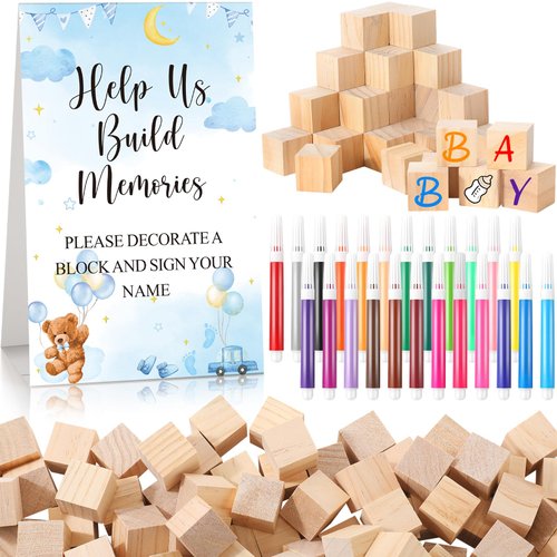 Dinifee 125 Pcs Baby Shower Decorate a Block Game Set Includes Help Us Build Memories Sign 100 DIY Blank Wooden Block 24 Paint Marker Baby Shower Prize for Wedding Baby Shower Game (Bear)