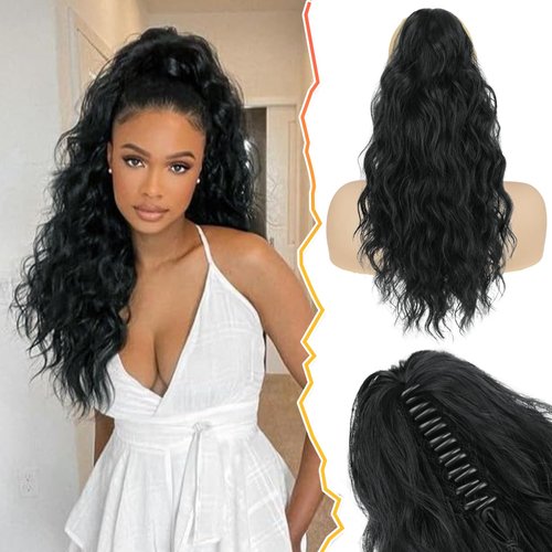 BARSDAR Ponytail Extension, 18'' Claw Clip Ponytail Hair Extensions Curly Wavy Multi Layered Black Hair Ponytail Hairpieces Natural Soft Synthetic Pony Tails for Women Daily Party (Natural Black)