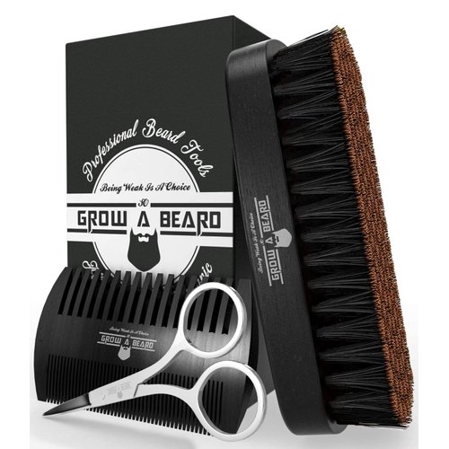 Beard Brush for Men & Beard Comb Set w/Mustache Scissors Grooming Kit, Natural Boar Bristle Brush, Dual Action Wood Comb, and Travel Bag Great for Christmas Gift (Black)