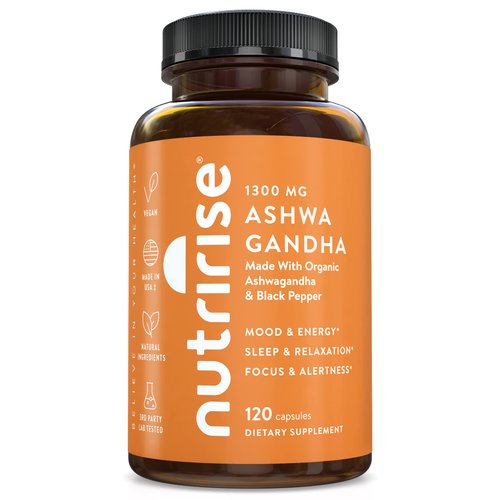 NutriRise Organic Ashwagandha Root Capsules with Black Pepper, 1300mg, Natural Stress & Mood, Thyroid, and Immune Support Supplement, Nootropic for Focus & Energy, Gluten Free, 120 Count
