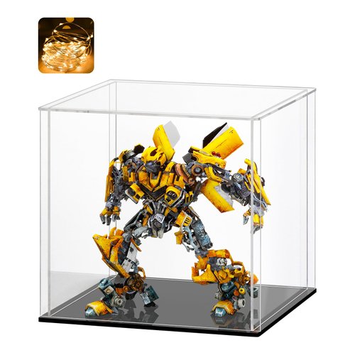 LASOA Acrylic Display Case for Collectibles, Alternative Glass Display Box with Black Base and Lid, Self-Assembly Clear Storage Showcase for Figurine Memorabilia (8x8x8inch;20x20x20cm)