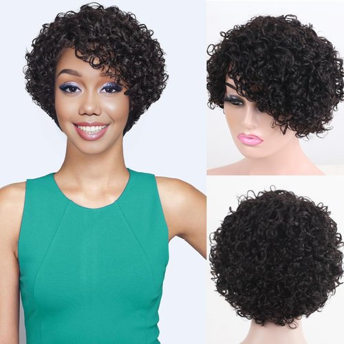 ManeMajesty Short Curly Human Hair Wigs for Black Women 8 Inch Glueless Bob Short Curly Pixie Cut Wig Side Part Curly Wig with Bang Afro Curly Brazilian Remy Wig No Lace Front Natural Black #1B