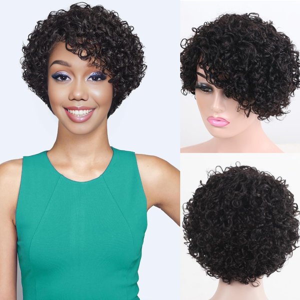 ManeMajesty Short Curly Human Hair Wigs for Black Women 8 Inch Glueless Bob Short Curly Pixie Cut Wig Side Part Curly Wig with Bang Afro Curly Brazilian Remy Wig No Lace Front Natural Black #1B