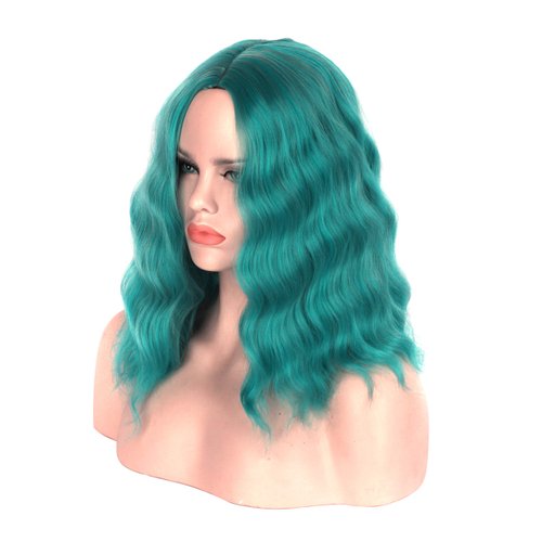 Short Wavy Bob Wigs Middle Part Curly Hair Cute Wigs Shoulder Length Synthetic Heat Resistant Short Wigs for Women Colorful Costume Bob Cosplay Wig for Girl (Dark Turquoise)