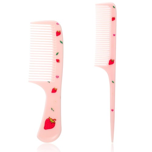 Cute Hair Comb Set, 2 Pcs Pink Strawberry Fruit Combs for Women Plastic Fine Tooth Rat Tail Combs Detangling Hair Comb for Women Girls All Hair Types Long Short Wet Dry Curly Straight Hair