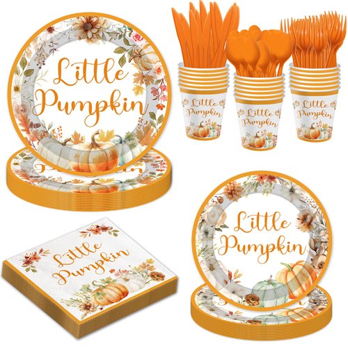 YQUQWN 168 Pcs Little Pumpkin Baby Shower Party Decorations - Fall Baby Shower and Thanksgiving Party Supplies - Disposable Plates, Cups, Napkins, Knives, Forks, and Spoons - Serves 24