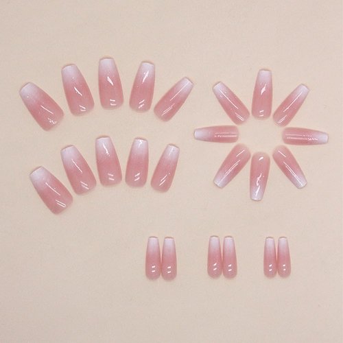 ANDGING Ombre White Press on Nails Coffin Short Medium Fake Nails with Glue Gel Acrylic French Tip Glue on Nails with Gradient Design Manicure Stick on Nails False Nails for Wedding Birthday Cl87O67
