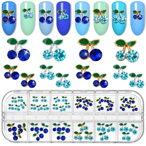 Kalolary Cherry Nail Rhinestones, 48Pcs 3D Cherry Charm Blue Fruit Diamond Crystal Nail Studs All...