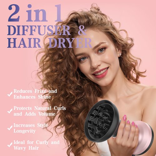 2 In 1 Diffuser Hair Dryer for Curly Hair: Portable 1875W Ionic Hair Dryer w/Diffuser & Comb Nozzle Attachment, Enhances Curl Waves, Reduce Frizz, Overheat Protection, Travel Size, Gifts for Women Her