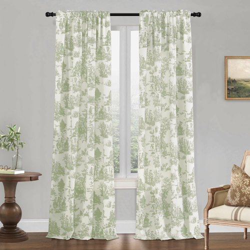 Sage Green Curtains 84 Inch Length for Living Room 2 Panels Set Spring Country Scenic Design Toile Floral Print Pattern Darkening Light Filtering Window Drapes for Bedroom Dining Room,84 Inches Long
