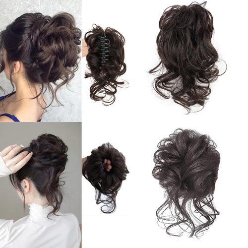2 Pack Claw Claw Clip,Hair Bun Ponytail Extension Hair Piece Curly Wavy Faux Ponytail Hairpieces Hair Extensions Scrunchie Buns Pony Tails for Women Girls Black Brown