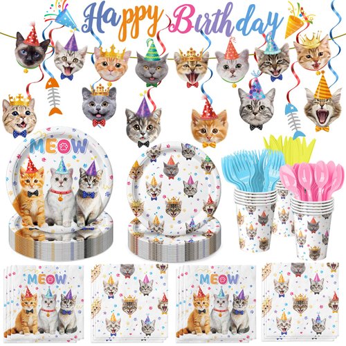 170PCS Cat Birthday Decorations Cat Birthday Party Supplies - Includes Plates, Napkins, Cups, Cut...