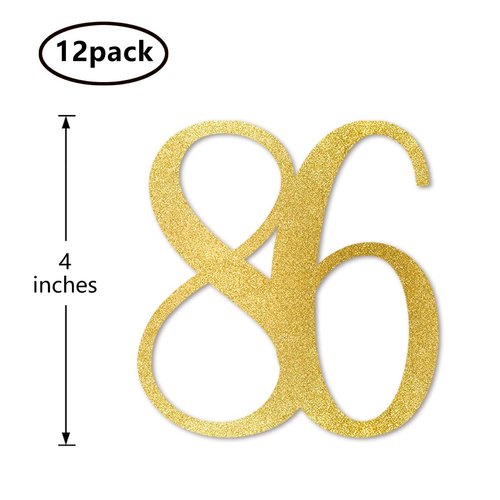 Gold Glitter 86th Birthday Centerpiece Sticks, 12-Pack Number 86 Table Topper Anniversary Party Decorations
