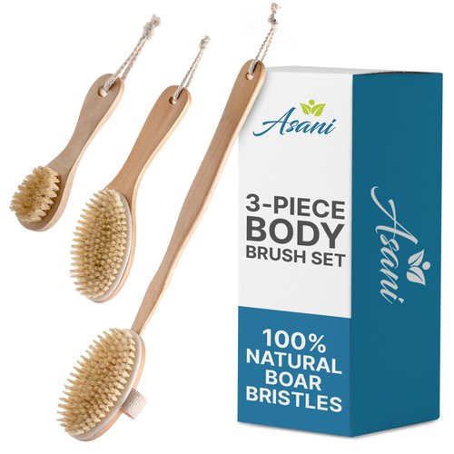 Asani Dry Brushing Body Brush Set for Lymphatic Drainage & Cellulite - 3-Pcs Detachable Back, Contour Body & Face Brushes Organic Gift for Dry Skin, Exfoliation, Invigorating Showers