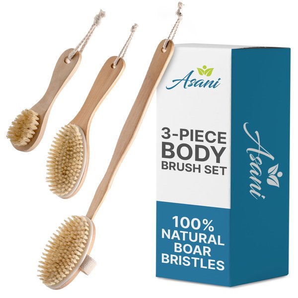 Asani Dry Brushing Body Brush Set for Lymphatic Drainage & Cellulite - 3-Pcs Detachable Back, Contour Body & Face Brushes Organic Gift for Dry Skin, Exfoliation, Invigorating Showers
