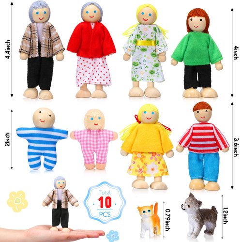 10 Pcs Wooden Dollhouse Set of Mini People Figures Dollhouse Dolls Wooden Doll Pretend Play Figures Accessories for Pretend Dollhouse Toy (Bright Style)
