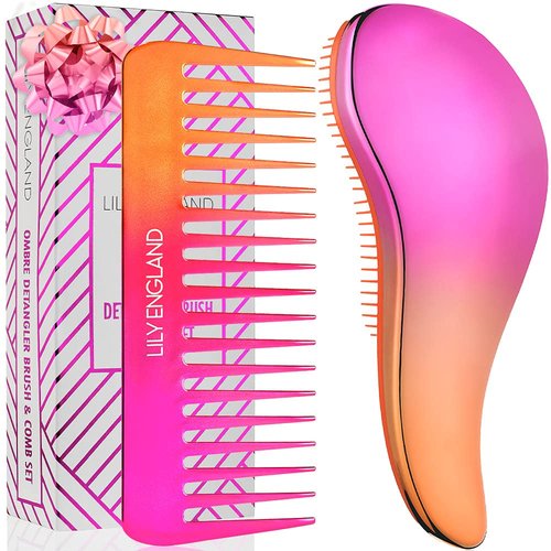 Detangling Brush and Wide Tooth Comb Set - Lightweight Hair Brush and Comb for Women and Kids Easy to Hold Hairbrush for Wet or Dry, Fine, Curly, Thick, Afro Hair by Lily England - Ombre (Pink Orange)