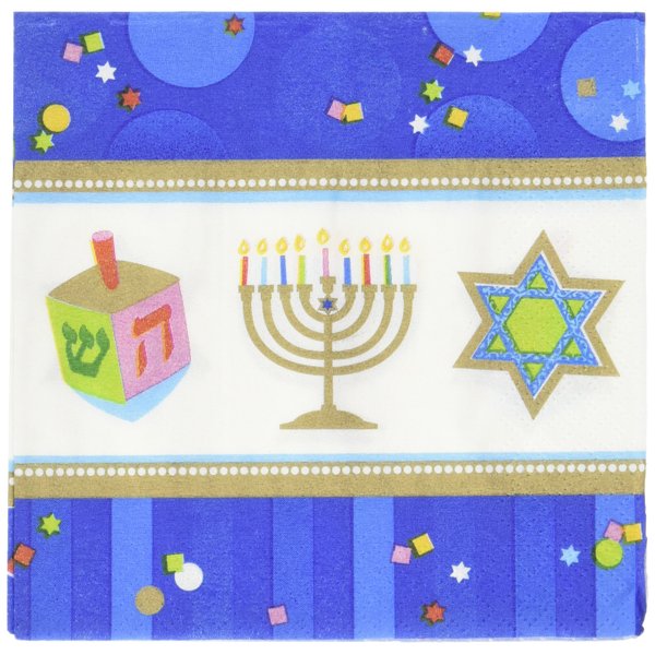 Joyous Menorah Celebration Beverage Napkins Tableware, Blue/White, Paper 5" x 5"36-Piece