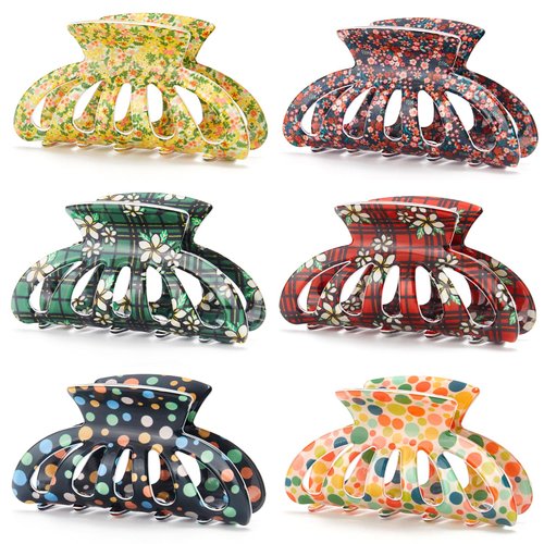 Cobahom 6Pcs Medium Hair Claws, 3.35 Inch No Crease Clips for Thin Hair, Printed Jaw Clips with Checkered, Floral, and Polka Dot Patterns for Women and Girls