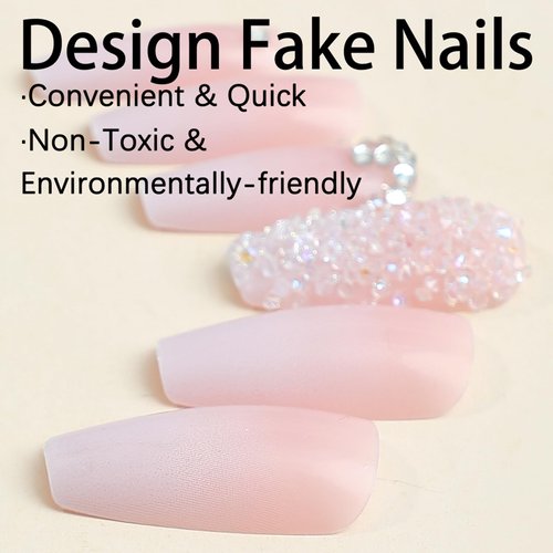 Coffin Press on Nails Medium Fake Nails Gradient Pink White Acrylic Nails Glossy False Nails Luxury Artificial Nails with Rhinestone Design Full Cover Stick on Nails Cute Glue on Nails for Women Girls