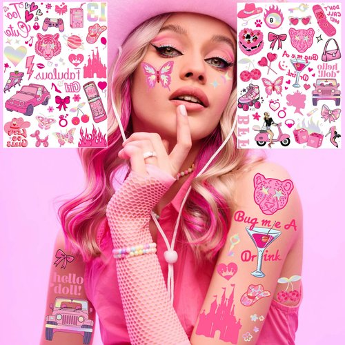 Pink Temporary Tattoos For Kids Girls Women Adults, 108+ 3D Cartoon Flash Metallic Iridescent Glitter Fake Tattoo Stickers, Y2k Pink Birthday Party Favor Supplies Goodie Bags Stuffers Stocking Fillers