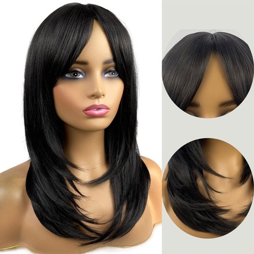 MIMISERVICE Long Black Wigs for Women,Black Wigs with Bangs Layered Shoulder Length Synthetic Wig for Daily Party (20 inch)