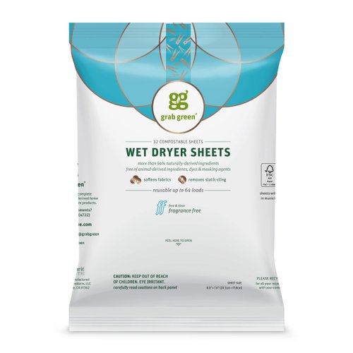 Grab Green Natural Wet Dryer Sheets, Unscented/Free & Clear, Fabric Softener & Static-Reducer, 64 Loads, Reusable & Compostable, Fragrance Free