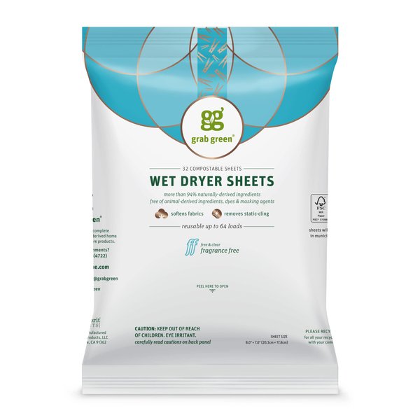 Grab Green Natural Wet Dryer Sheets, Unscented/Free & Clear, Fabric Softener & Static-Reducer, 64 Loads, Reusable & Compostable, Fragrance Free