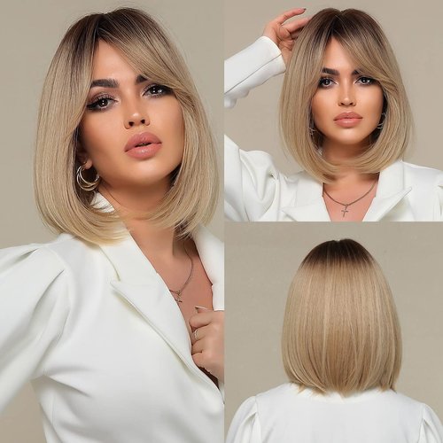 HAIRCUBE Bob Wig Short Ombre Ash Blonde with Dark Root Wig with Bangs,Shoulder Length Synthetic Wigs for Women