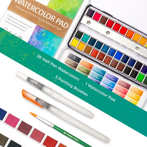 Watercolor Palette Norberg & Linden LG Water Color Paint Set - 36 Colors in Half Pans, 12-Sheet Paper Pad, 3 Artist Painting Brush - for Adults Paints Kit Pallet Acuarelas Profesionales Paper Supplies